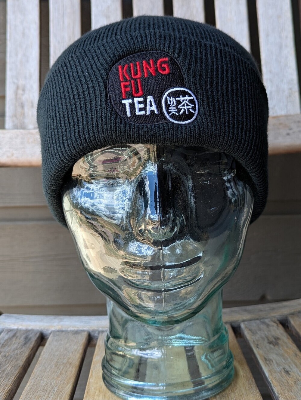 NWOT Kung Fu Tea Black Ribbed Knit Beanie One Size Unisex Embroidered
